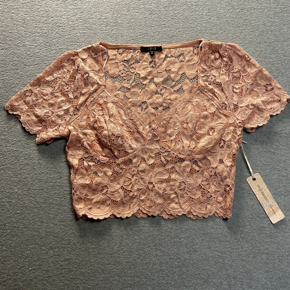 IRIS Lace Crop Top Womens M Blush Floral Short Sleeve Coquette Scalloped Hem